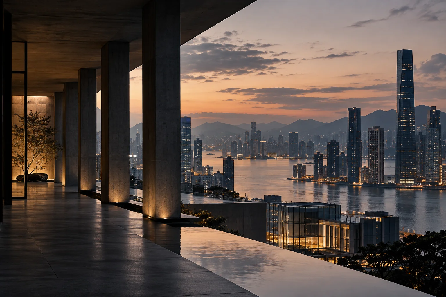 Concept image of a coastal city at dusk, framed by a shadowed architectural colonnade.